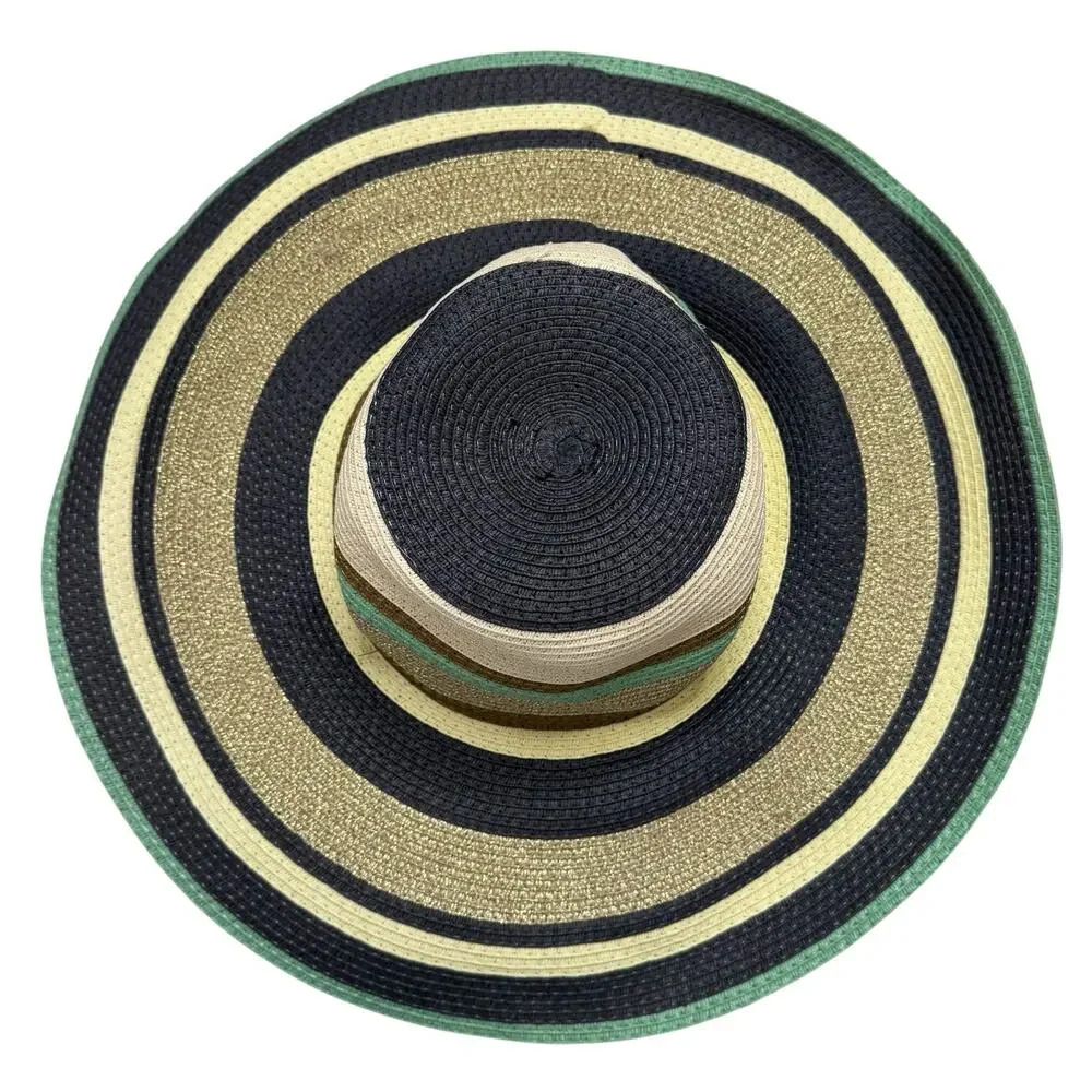 THE WEBSTER Target Navy Striped Woven Sun Hat Tan Green Gold Brown Summer Beach